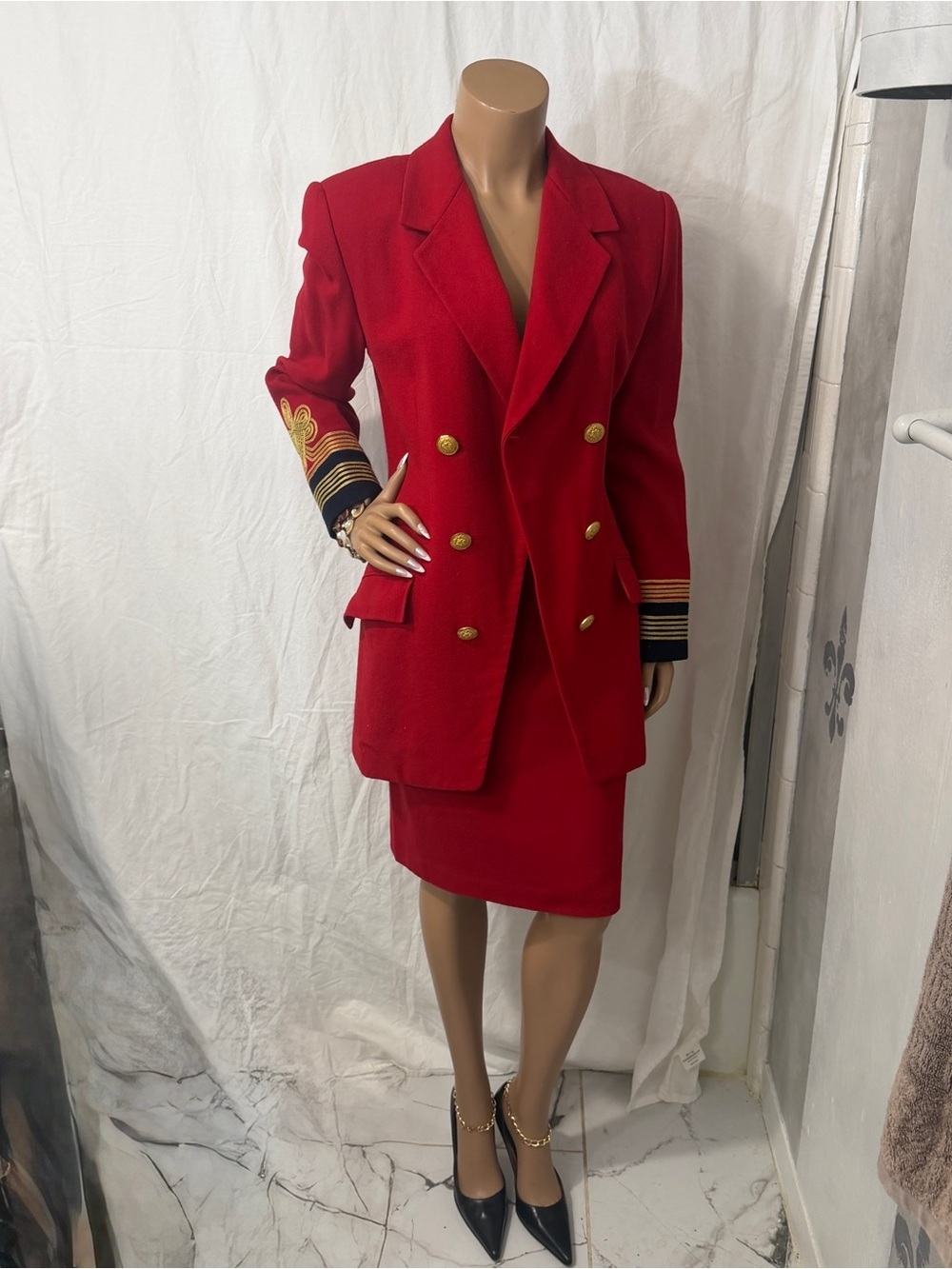 Womens Red Double-Breasted Blazer with Gold Button & Trim☑️ - Picture 5 of 15
